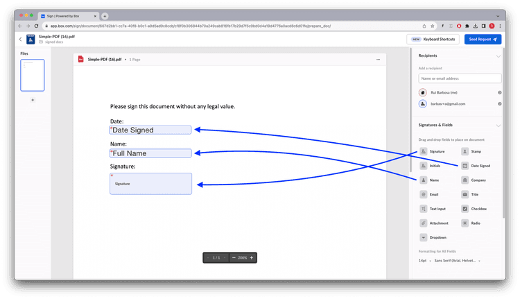 Preparing the document using drag and drop on the template editor